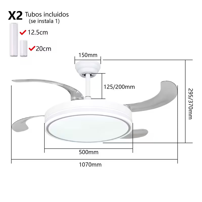 Ventilador de Techo LED 72W DC Silencioso con Mando, Aspas Retráctiles y 6 Velocidades