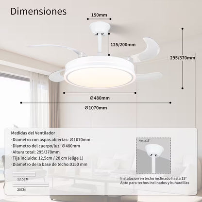 Ventilador de Techo LED 72W DC Silencioso con Mando, Aspas Retráctiles y 6 Velocidades